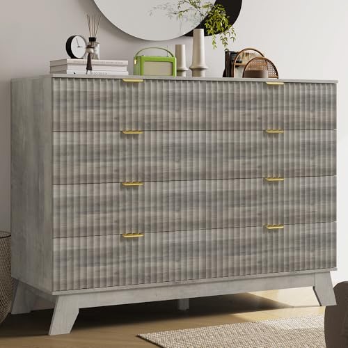 Image of HUANLEGO 48 inch W Tall Fluted Dresser for Bedroom with 8 Drawer, Grey | Mid Century Modern Dresser for Closet, Anti-Tipping Design, Wooden Dressers & Chest of Drawers for Living Room, Home Office