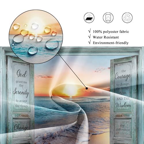 Riyidecor Inspirational Quote Shower Curtain for Bathroom Decor 72Wx72H Ocean Beach Teal Barn Door Hawaiian Sunset Scenery Sea Wave Rustic Art Printed Fabric Polyester Waterproof 12 Pack Plastic Hooks - Image 7