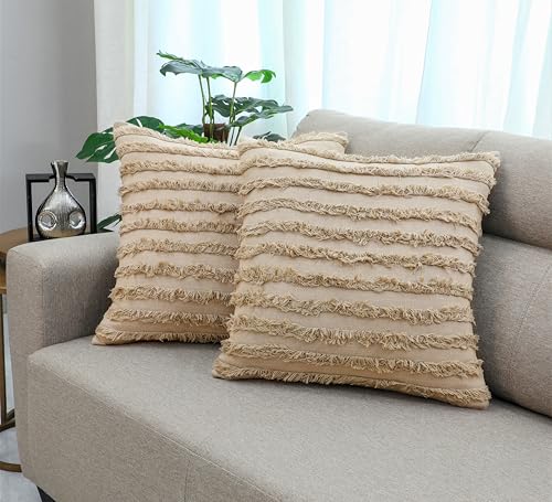 Image of mosey Boho Cushion Covers 20 inch x 20 inch Set of 2 | Pure Cotton 20x20 inch Cushion Cover 2020 | Soft Square Throw Pillow Cover 50 x 50cm for Sofa | Taupe
