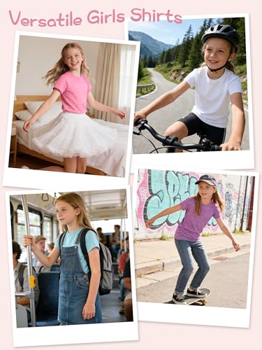 Image of QWE 5 Pack Girls Shirts Athletic Dry-Fit Shirts for Girls Short Sleeve Tshirts Kids Clothes Teens Tops