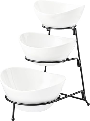 HBlife Soporte de 3 niveles ovalado para servir con estante de metal, platos de cerámica para servir con chips y inmersión, exhibición de alimentos,