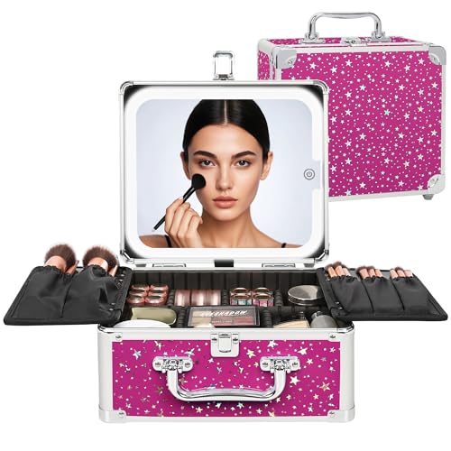 Image of Relavel Makeup Bag with LED Mirror, Makeup Box Travel Train Case with Rechargeable Lighted Mirror, Cosmetic Brush Organizer Storage for Makeup Artists Gifts for Women and Girls, Hot Pink Shining Star