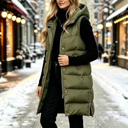 XOGWVJ Quilted Vest Long Puffer Vest Women Hooded Sleeveless Winter Vests Coat Full Zip Warm Longline Jacket with Pockets Casual Outerwear Army Green S - image 3