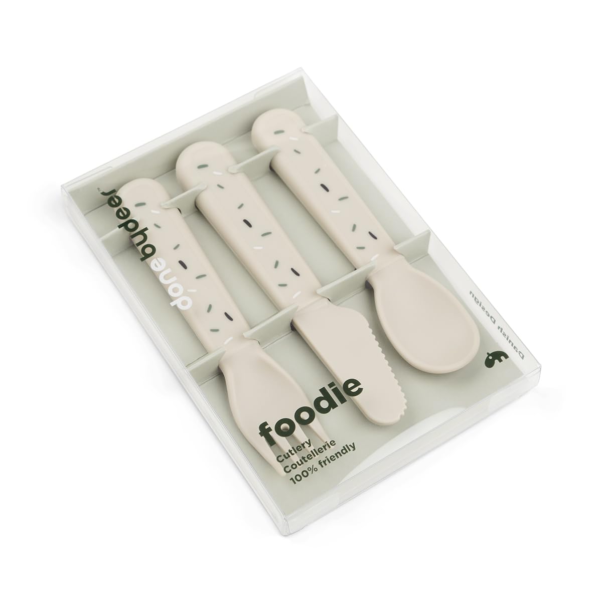 Done by Deer Ensemble de couverts Foodie Happy Dots Sand – Fourchettes et cuillères pour tout-petits avec bords arrondis – Ustensiles sûrs et faciles à nettoyer pour manger indépendamment