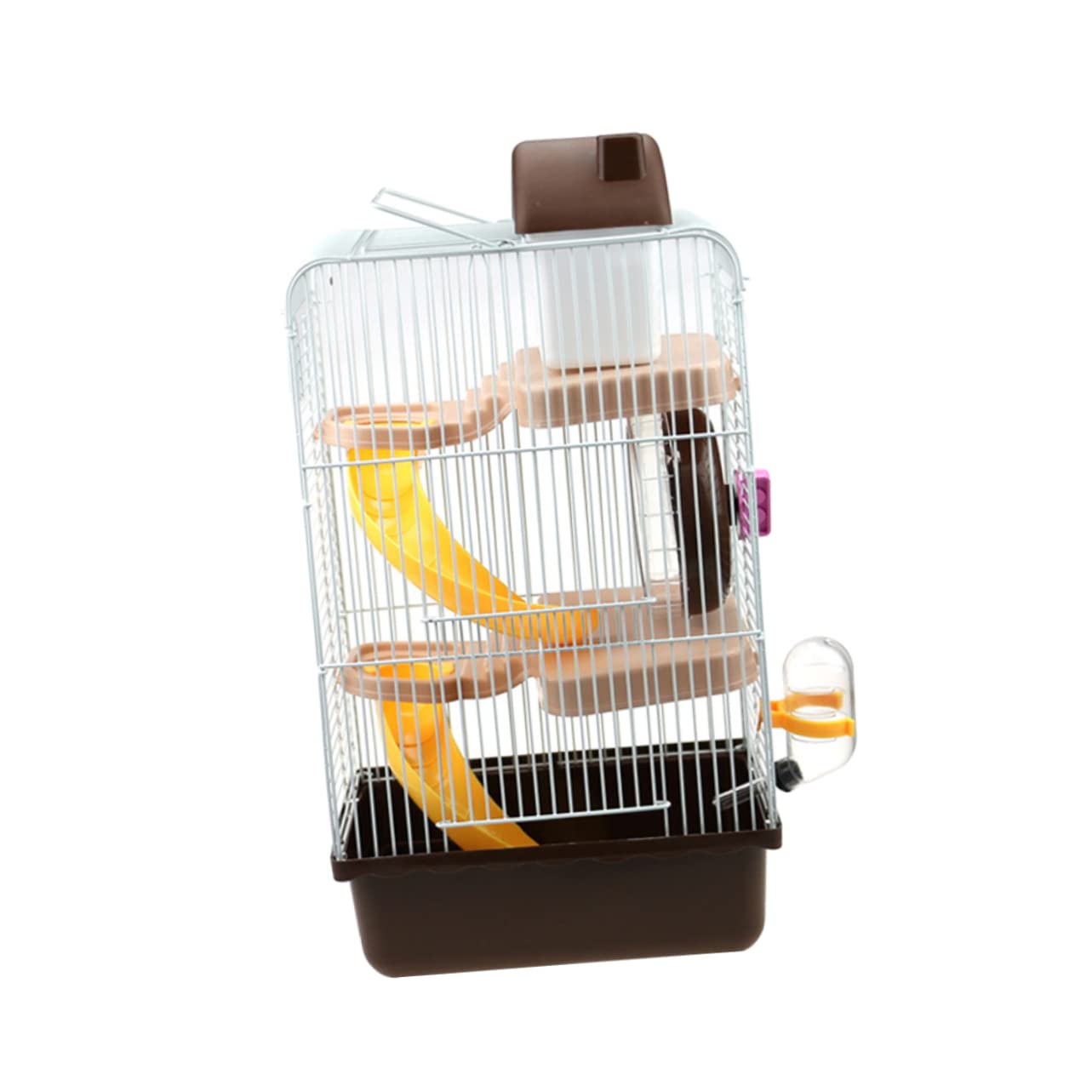 Dreistöckiger Hamsterkäfig Luxus Villa Käfig mit DREI Ebenen | Kaffeefarbene Ausführung, Pp und Eisendraht, 23x17x45cm, Laufrad und Auslaufsichere Trinkflasche