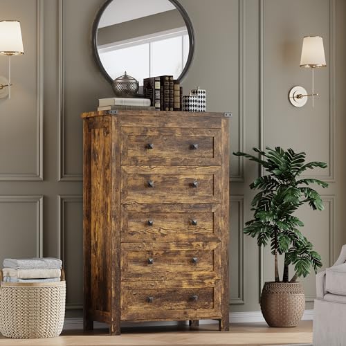 Image of BORNOON Tall 5-Drawer Dresser, Modern Wooden Storage Chest of Drawers, Dresser TV Stand, Wood Drawer Organizer with Metal Handles for Bedroom, Living Room, Hallway