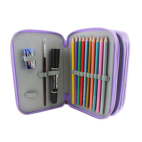 Huhuhero 72-Slot Purple Multi-Layer Pencil Holder Organizer Colored Pencils Pouch Stationary Box Portable Makeup Cosmetic Case Bag with Zipper for Girls Adults for Art School Office Travel