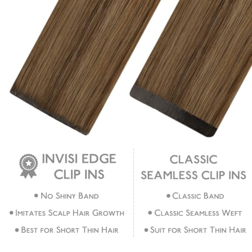 Image of WENNALIFE Invisible Edge Seamless Clip in Hair Extensions Real Human Hair | 22'' 150g 7pcs Balayage Chestnut Brown Mixed Dirty Blonde. Thin PU Weft, Easy, Comfortable Clip in Remy Hair Extensions