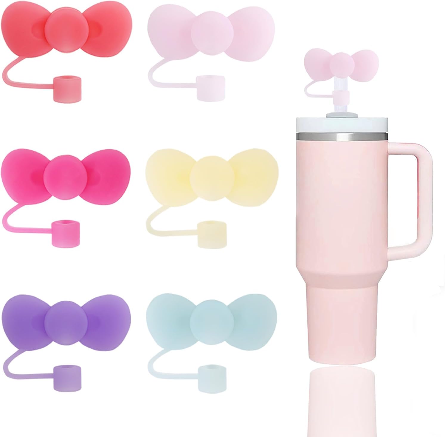6 Pcs Candy Bow Straw Covers Cap Toppers Compatible with Stanley 30&40 oz Tumbler Cups,Reusable Cute Silicone Straws Tips Lids Protectors for 0.4 in/10mm Stanleys Cup Accessories