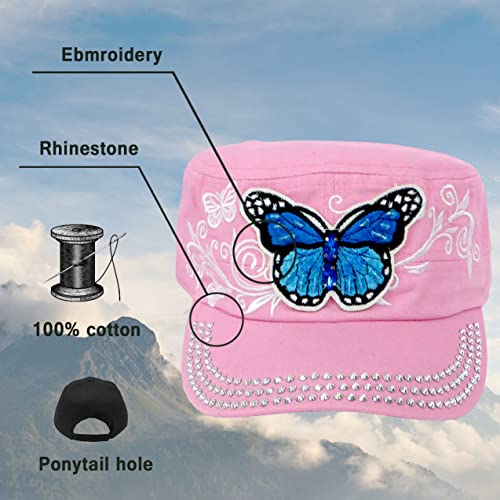 Silverfever Women's Military Cadet Cap Hat - Patch Cotton - Studded & Embroidered (Pink Camo, Crystal Butterfly) #TOP4