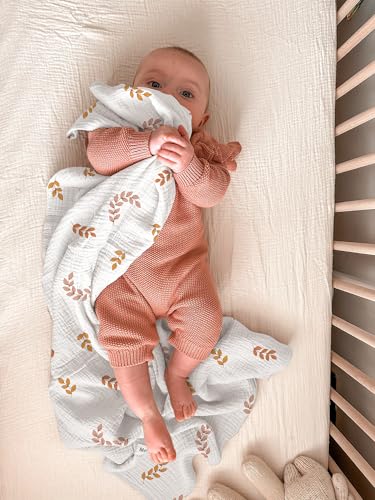 Image of meowcards Muslin Swaddle Blankets for Baby, Unisex Baby Boys Girls Essentials, Large 47 x 47 inches, Boho Receiving Blankets Newborn Registry Must Haves (Brick Leaf, Printed)