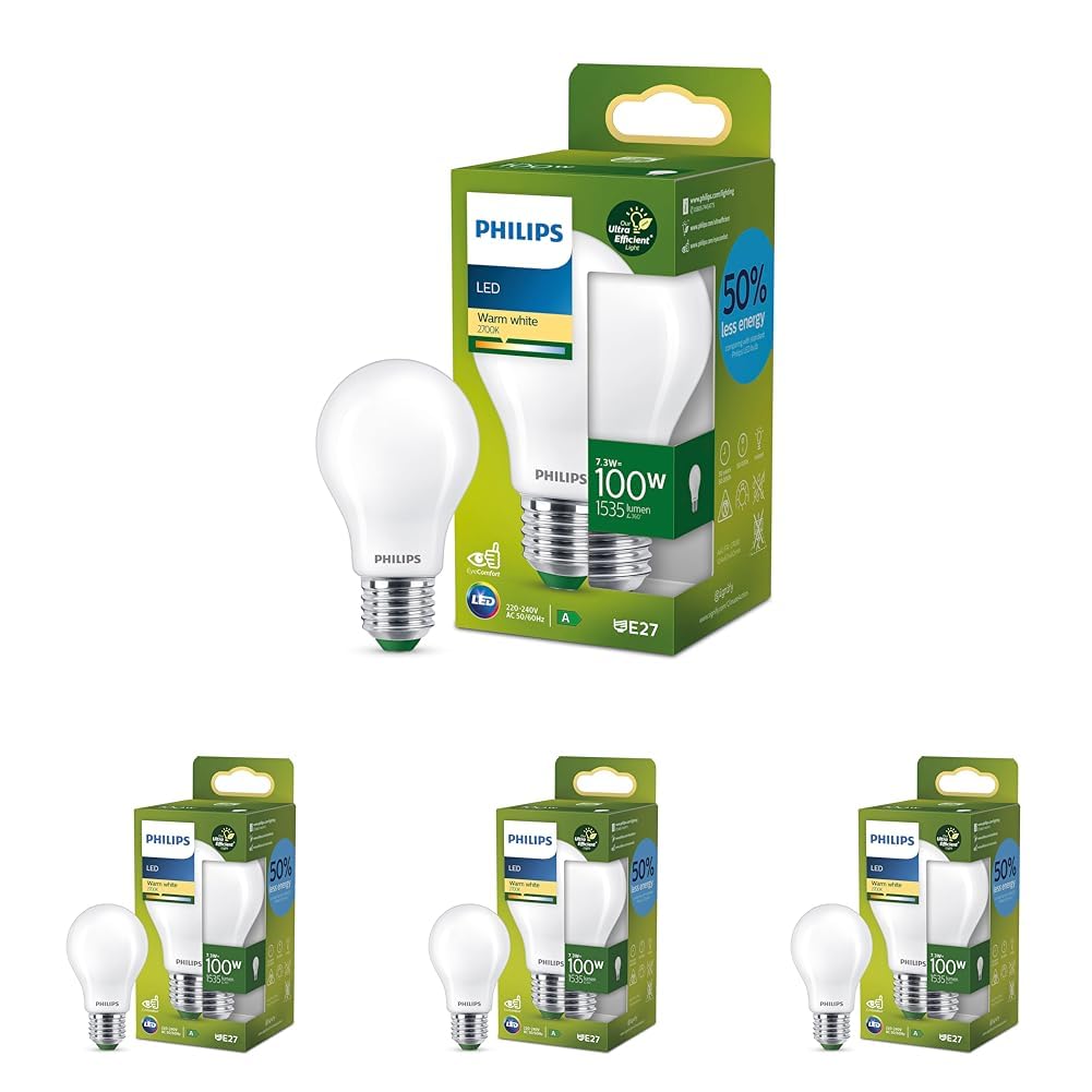 Philips Bombilla LED Mate Philips Eficiente, Casquillo E27 7.3W, 1535 Lúmens, Luz Blanca Cálida 2700k (Paquete de 4)