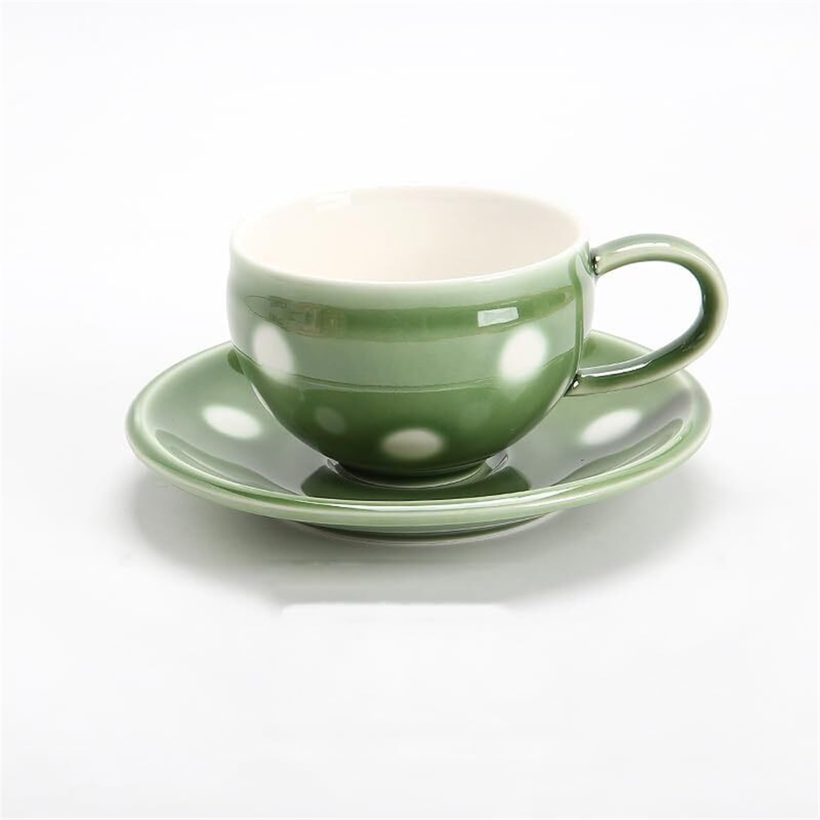 YNIYUJKL Ceramic Coffee Tea Cup And Saucer Set Green Polka Dots Pottery Coffee Mug And Saucer Set, Milk Juice Mug Plate Coffee Cup,1