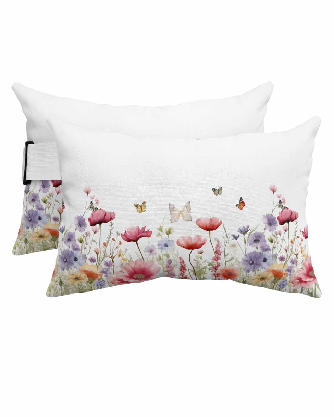 Outdoor Pillows Covers with Inserts Watercolor Red Purple Wild Flowers with Butterflies Waterproof Pillow with Adjustable Strap Throw Pillows for Patio Furniture Pool Lounge Chair, 12x20 Inch, 2PCS