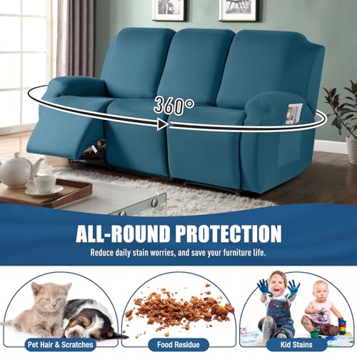Image of TAOCOCO Recliner Sofa Slipcover, 3 Pieces Polyester Fabric Stretch Sofa Covers for 3 Seat Reclining Couch, Soft Washable Furniture Protector with Pockets (3 Seat, Turquoise Blue)