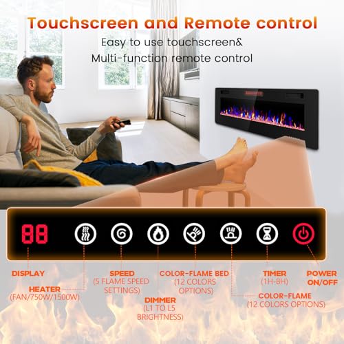 Image of Electactic 60-Inch Electric Fireplace, 12 Flame Colors, Remote Control
