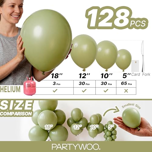 Image of PartyWoo Sage Green Balloons 128pcs Different Sizes of 18 12 10 5 Inch Olive Boho Green Latex Balloon Arch Kit for Wedding Birthday Dinosaur Jungle Golf Football Theme Party Decorations Green-F11