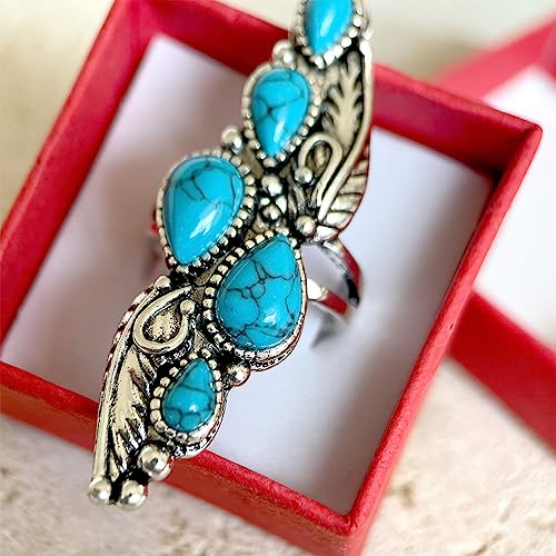 HAIXIAN Antique Full Finger Turquoise Stones Ring,Retro Thick Silver Plated Multi Waterdrop Gemstone Crystal Wide Cocktail Party Ring Jewelry2