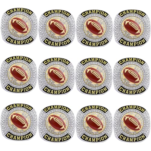 CHXIXUE Size 8 to 14 Football Championship Rings Football Finalist Ring Sport Ball Award Gift for Tournament or League Champion Winner (12 Pack rings size 10)