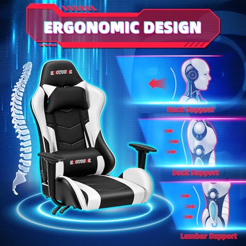Image of ECOTOUGE PC Gaming Chair Massage Ergonomic Office Desk Chair Racing PU Leather Recliner Swivel Rocker with Headrest and Lumbar Pillow, White