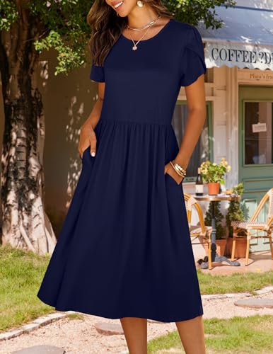 Image of HOTOUCH Women's Summer A-Line Midi Dresses 2026 Casual Floral Short Sleeve T-Shirt Dress Flowy Beach Sundress with Pockets