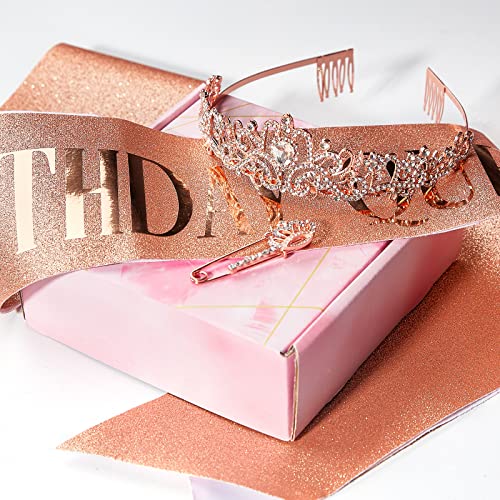 "Birthday Queen" Sash And Rhinestone Tiara Set, Birthday Tiara Crown Glitter Crystal Glitter Headband Hair Accessories For Girls Women Birthday Decorations Kit, Party Favors (Rose Gold) #TOP2