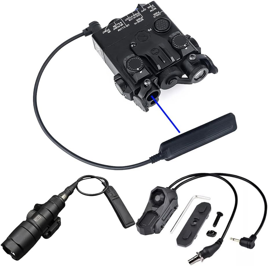 Metal DL-A2 Box Aiming Laser Sight(with Red/Green/Blue Laser + IR Laser + Flashlight & Mount),&M300A LED White Flashlight,&AX Modular Dual Wire Remote Pressure Switch (SF+2.5 Plug) Set,Black