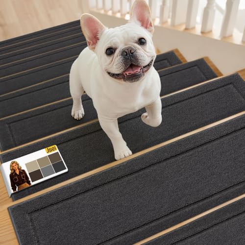 JSEI Tapis Escalier Antidérapant, Lot de 15 Marchettes Escalier Autocollantes Lavables, Tapis de Marche 20,3 x 76,2 cm, Dos TPE, Gris Foncé