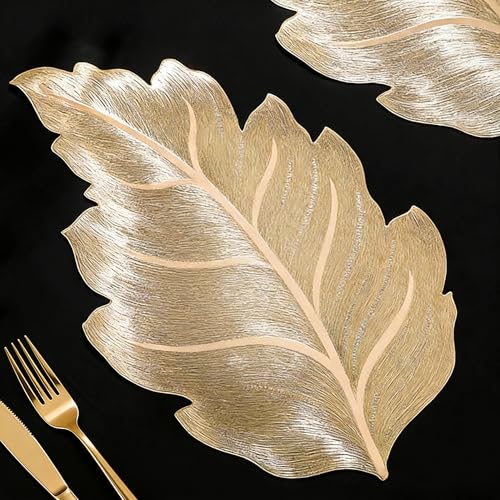 FAVE 6er-Set Goldene Platzsets Abwaschbar Blattförmige Tischsets zur Tischdekoration für Veranstaltungen Wohnaccessoires & Täglichen Gebrauch (38 cm 6 Stück)