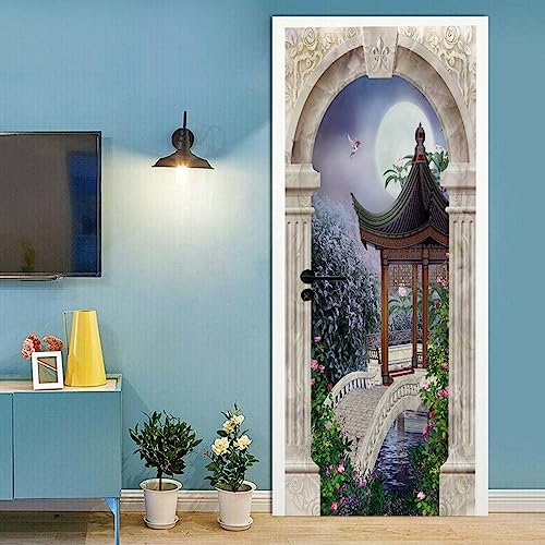 A.Monamour Sticker Porte Autocollant Poster De Porte 3D Paysage Oriental Avec Un Pavillon Et Des Fleurs La Nuit Vinyle Affiche De Porte Sticker Mural Papier...