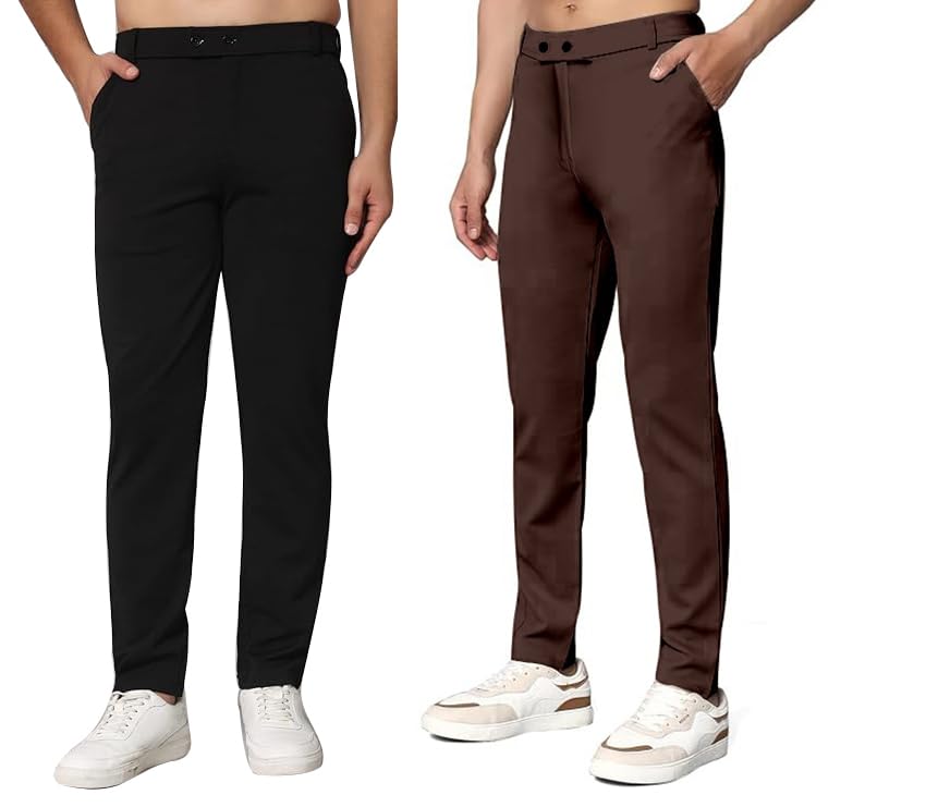 Image of Mehrang Men's Slim Fit Dress Pants, Formal Trousers with Side Pockets, (Pack of 2)