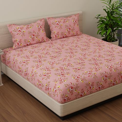 Image of Huesland by Ahmedabad Cotton 144 TC Cotton Elastic Fitted Bedsheet for Double Bed with 2 Pillow Covers | 60 x 78 inches