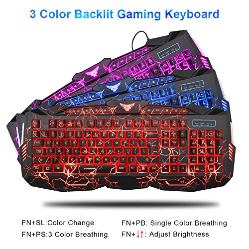 MFTEK Backlit Wired Gaming Keyboard and Mouse Combo with LED Gaming Headset Set, 50mm Speaker Driver Headphone + Mouse Pad for PC Gamer Computer Office