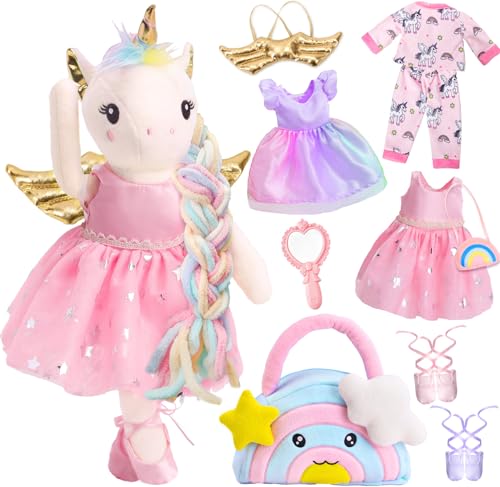PtyPop Peluche Cadeau Licorne Filles, Licorne Jouet avec 3 Ensembles de Vêtements & Sac à Main & Ailes, 43cm Licorne Peluche à Habiller Cadeau Anniversaire...