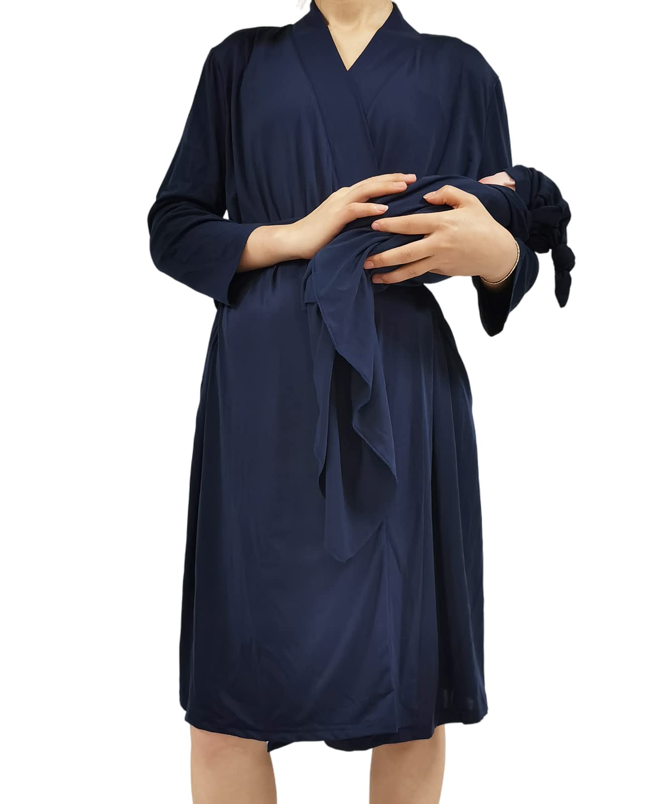 QTECLOR Mommy Robe for Maternity with Matching Swaddle Blanket Girls Boys, Delivery Labor Robe for Hospital Women Dress