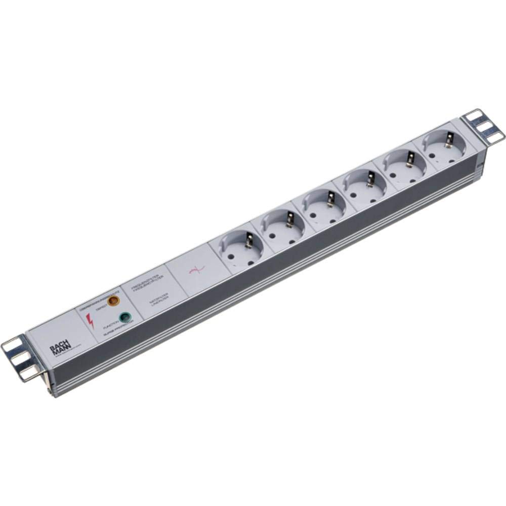 Bachmann Steckdosenleiste 19'' Zoll PDU 6-Fach mit Überspannungsschutz sowie Netz- und Frequenzfilter 1HE 2m Kabel Mehrfachsteckdose für Serverschrank Rack Grau 333.402 (inkl. 2X Befestigungswinkel)