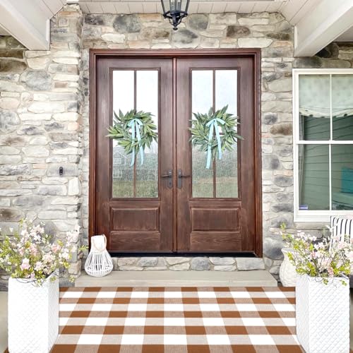 Ckorzen Coffee and White Plaid Rug, 3' x 5' Outdoor Front Porch Door Decor Mat, Washable Cotton Woven Farmhouse Area Rug for Layered Door Mats Carpet, Entryway, Easter Décor