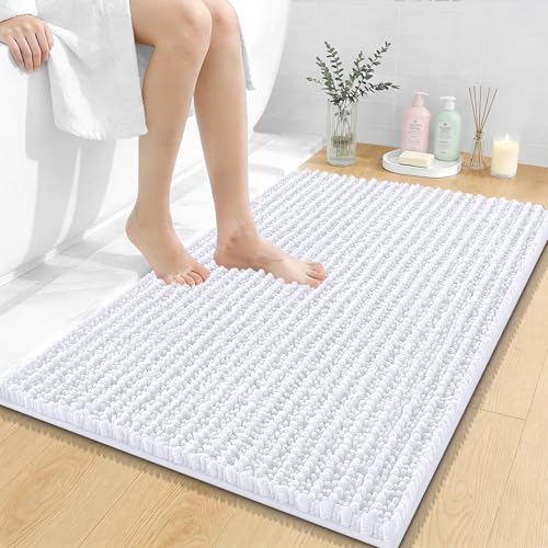 Image of OLANLY Bathroom Rug Mat 36x24, Thick Soft and Absorbent Chenille Bath Mat, Non-Slip Rubber Backing, Machine Washable Quick Dry Bath Rugs for Tub Shower Floor, Home Decor Accessories, White