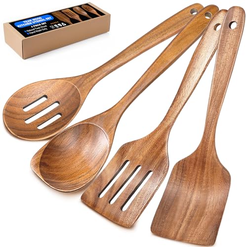 Wooden Spoons for Cooking, Teak Spatulas for Kitchen Use -Wooden Cooking Utensils Set of 4 for Nonstick Pans & Cookware – Sturdy& Heat Resistant, Includes Solid/Slotted Spatulas and Spoons