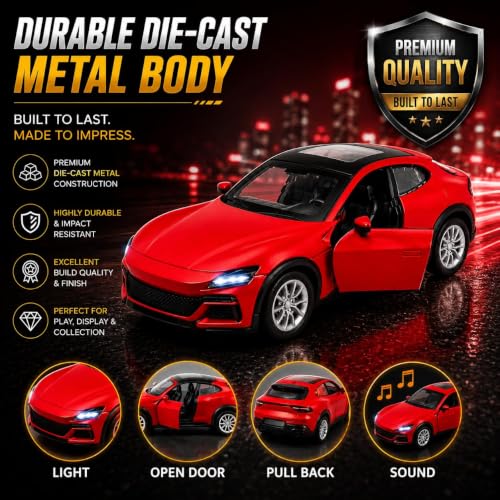 Image of TEC TAVAKKAL 1:36 Scale Diecast Metal Toy Car with Openable Doors, Pull-Back Action, LED Lights & Music - Premium Mini Sports Car Model for Kids & Collectors (Porsche Red)