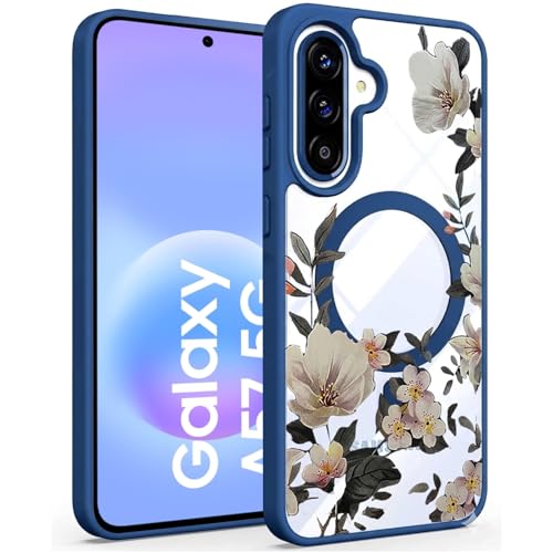 Image of VONZEE Compatible with Samsung Galaxy A57 5G Back Case Luxury Retro Flowers Floral Clear for Magnetic Wireless Charging Case Shockproof PC+TPU Cute Glossy Shiny Cover for Girls Women, Blue