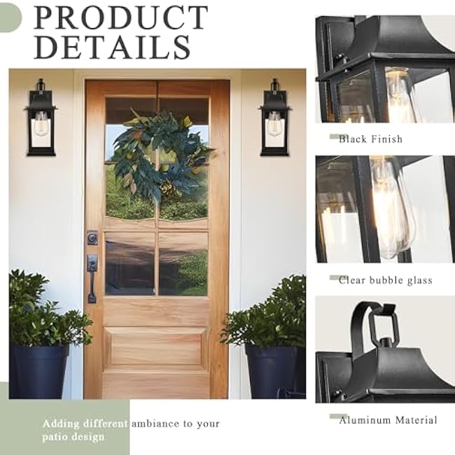 Matte Black Outdoor Wall Lights, Aluminum & Tempered Glass Exterior Sconce, Waterproof Rustproof Porch Lighting for Front Door, Garage, Patio (ETL-Certified, E26 Bulb Base)
