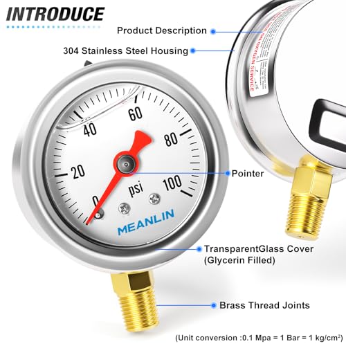 meanlin measure 0100psi stainless steel 1534 face dial glycerin filled pressure gauge liquid filled water oil air lower mount with 1834 x 1434 npt and 1834 x 3834 npt hex bushing