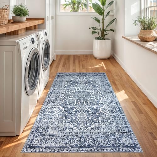 KUTA 3x5 Vintage Area Rug, Vintage Floral Kitchen Rugs Blue White Washable Non-Slip, Ultra Soft Printed Medallion Tribal Entry Low-Pile Carpet for Bedroom Nursery Dorm Décor