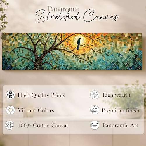 Image of Abstract Botanical Tree Stretched Canvas Wall Art Painting for Living Room, Stained Glass Style Mosaic Nature Canvas Wall Decor For Livingroom, Bedroom, Office, Hallway's, Hotel 12x46 Inch