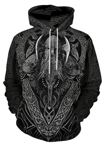 ENLACHIC Viking Totem huvtröja 3D digitalt tryck långärmad pullover sweatshirt huvtröjor, Viking Odin Totem, 5XL
