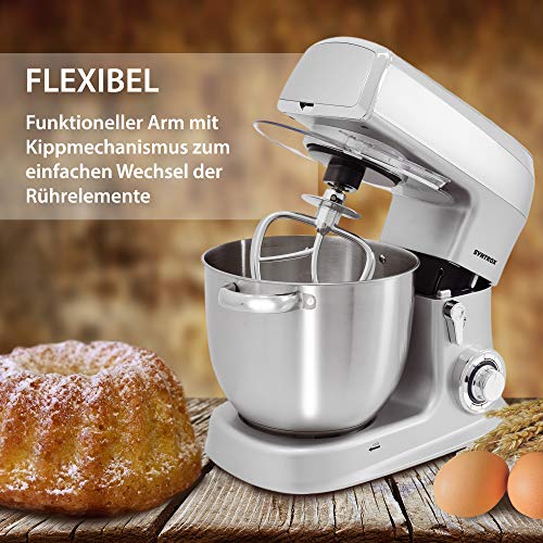 Syntrox Germany 1500 Watt Küchenmaschine Knetmaschine Mixer mit Fleischwolf, Edelstahl-Behälter, 7,5 Liter, silber – Bild 3