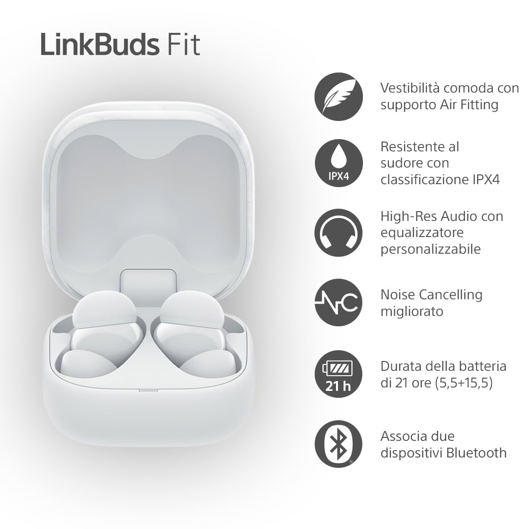 Sony LinkBuds Fit - Cuffie True Wireless Bluetooth con Noise Cancelling - Comfort a lungo, IPX4, High-Res Audio, modalità Ambient Sound, batteria fino a 21 ore, Multipoint, iOS e Android - White