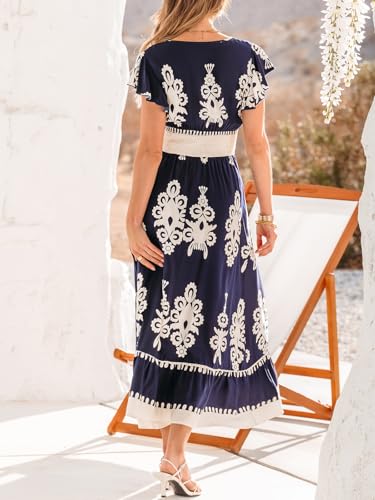 Image of CUPSHE Women's Summer Midi Dress V Neck Ruffle Short Sleeve Smocked Waist Dress