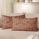 AELS Boho Decorative Textured Lumbar Pillow Covers 12x20, Modern Mid Century Rainbow Tufted Lumbar Pillow Case, Farmhouse Rustic Geometric Woven Cushion Case for Bed Couch Sofa, Burnt Orange